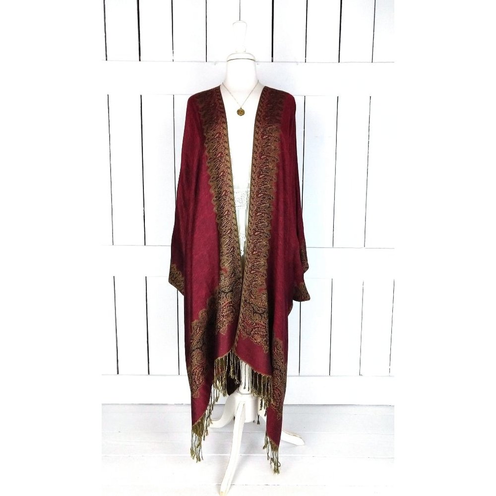 Burgundy and gold border paisley pashmina kimono cover up fringe jacket